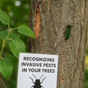 a tree with a sign on it that says recognizing invasive pests in your trees in vancouver wa