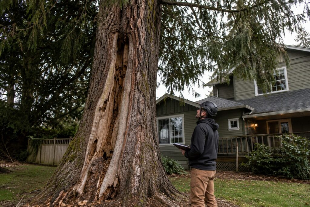 Tree inspection near residential backyard in Vancouver WA