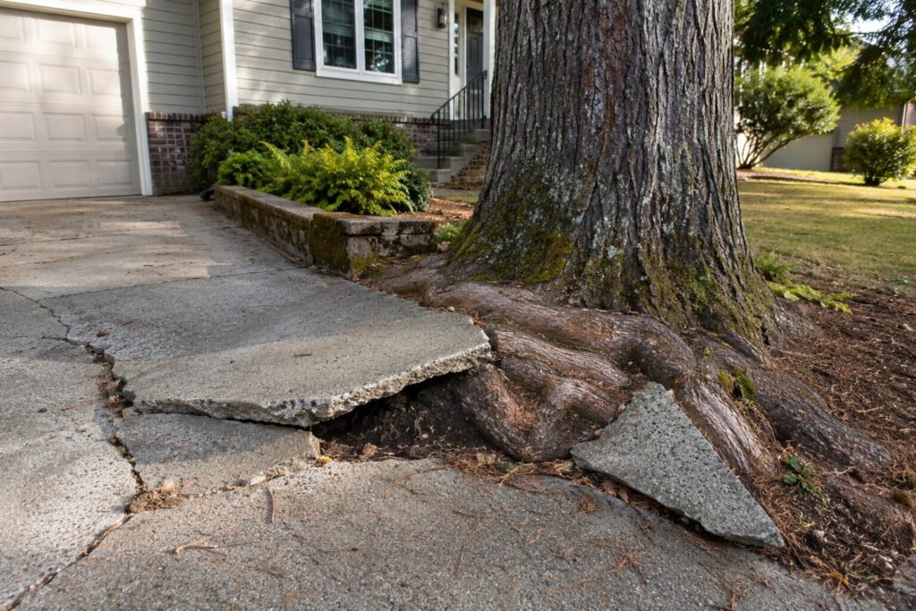 Tree roots disrupt suburban driveway landscape in Vancouver WA